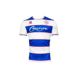 A white, blue and red QPR soccer jersey with the word "Convivia" written on it. the jersey also has the Erra logo