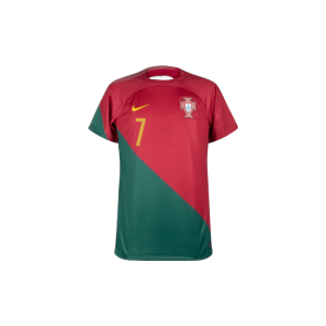 Chritiano Ronaldo Portugal 2022-2023 World cup home jersey: red and green chevron design, the number 7 on the back, and the Portugal crest.