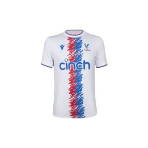 A white Crystal Palace Away soccer jersey with red, blue and white stripes. The jersey has the word "Cinch" on it.