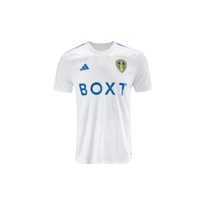 White Leeds United 2023-24 soccer jersey with BOXT logo