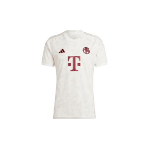 A white soccer jersey with a red t on it. The jersey is the 2023-2024 third kit of Bayern Munich