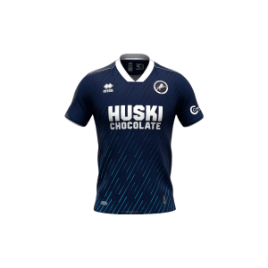 Blue Erraea Millwall FC 2023-2024 Home soccer jersey with "Huski Chocolate" branding