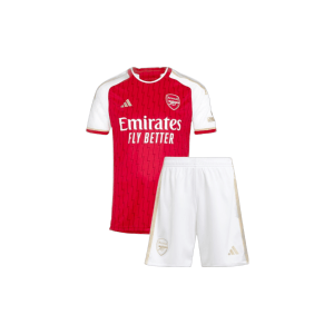 Red and White 2023-2024 Arsenal kids Home soccer jersey and shorts on a white background