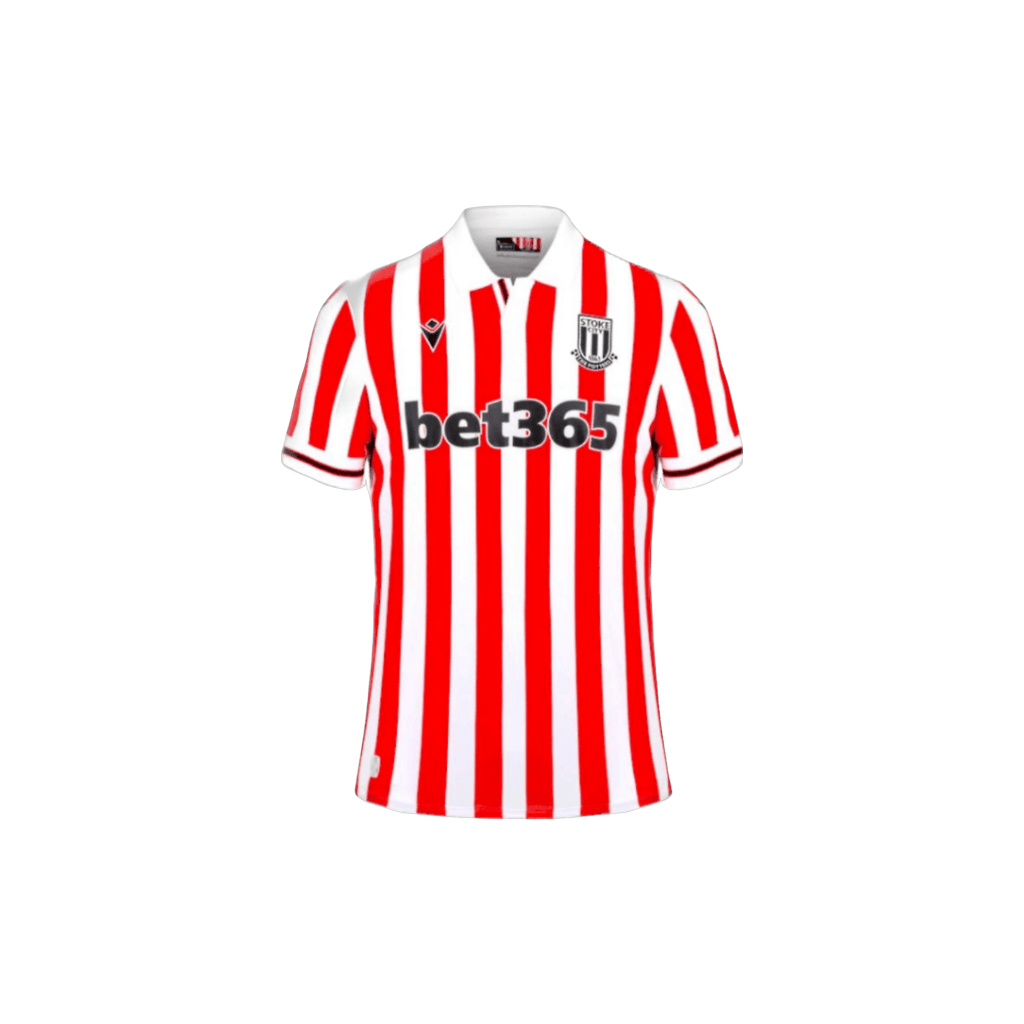 Red and white striped Stoke City soccer jersey on a white background. the jersey has the words "stoke" and "bet365" printed on it.