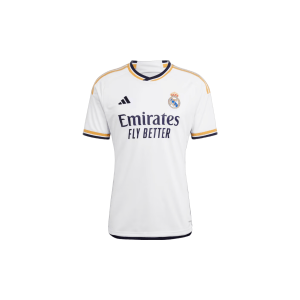 A white Real Madrid home soccer jersey 2023-2024 with yellow and blue stripes. The stripes are horizontal and evenly spaced across the shirt.