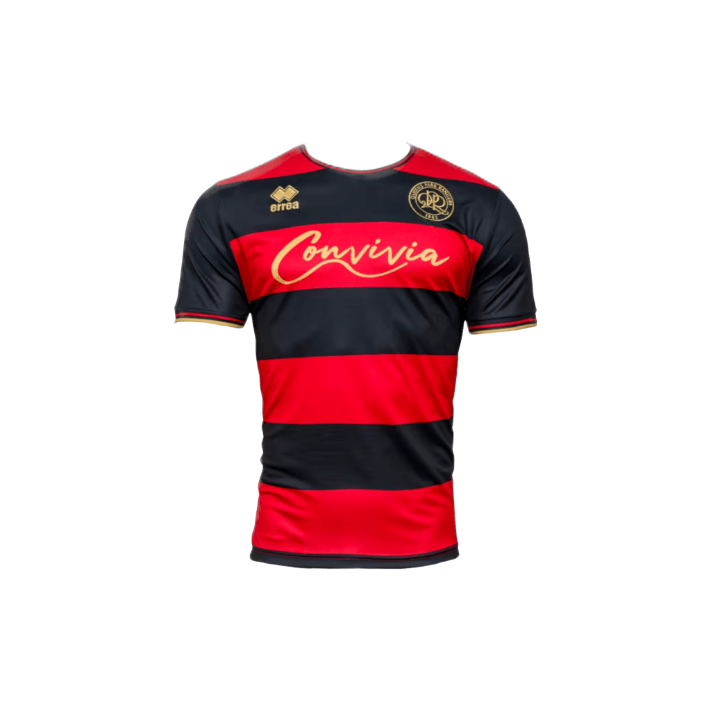 A red and black striped QPR away soccer jersey with the word "Convivia" written on it. the jersey also has the Errea logo
