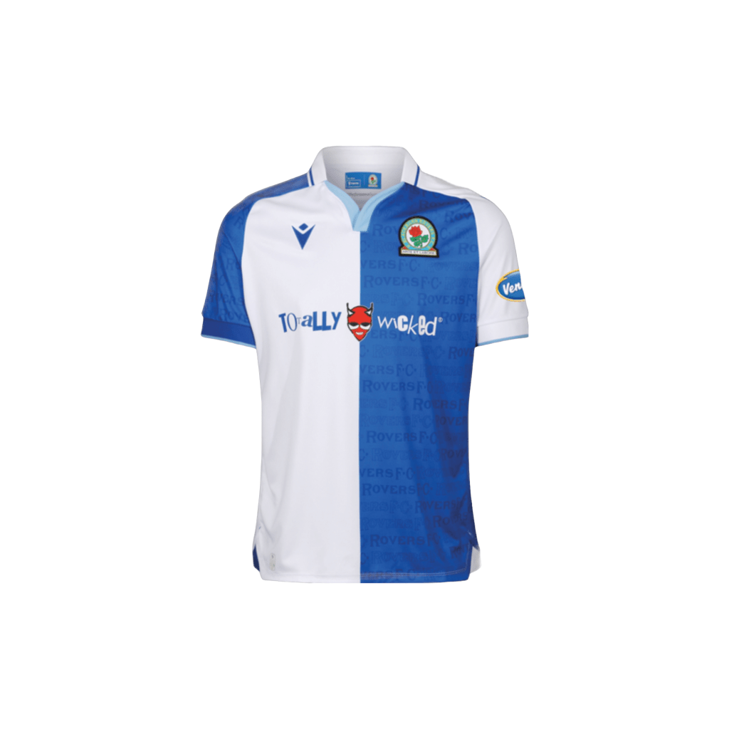 Blue and white Blackburn Rovers soccer jersey with the word "Rovers" and the image of a devil on it. The jersey also has the text "TOTALLY WICKED" on it