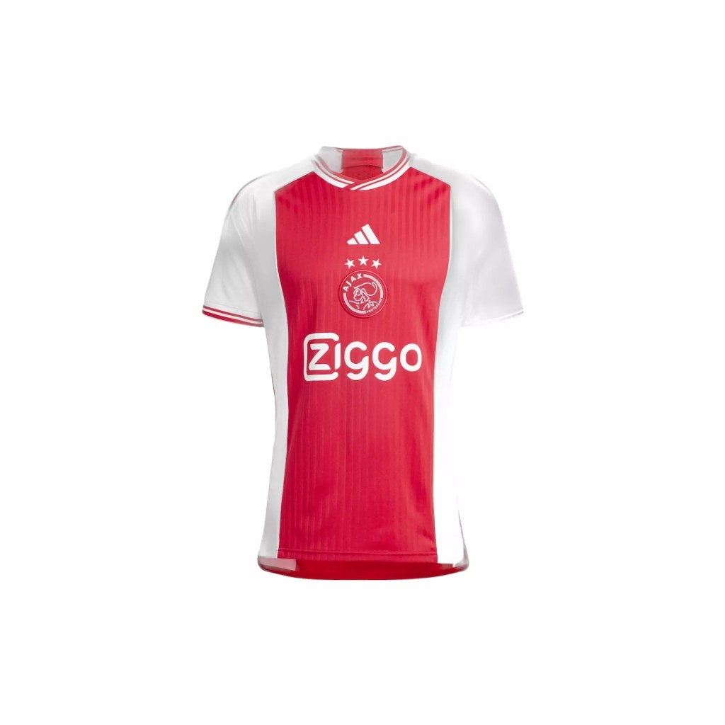 A white and red Ajax Home soccer jersey 2023-2024, with "ZIGGO" written on it in white, adults Buy Now.