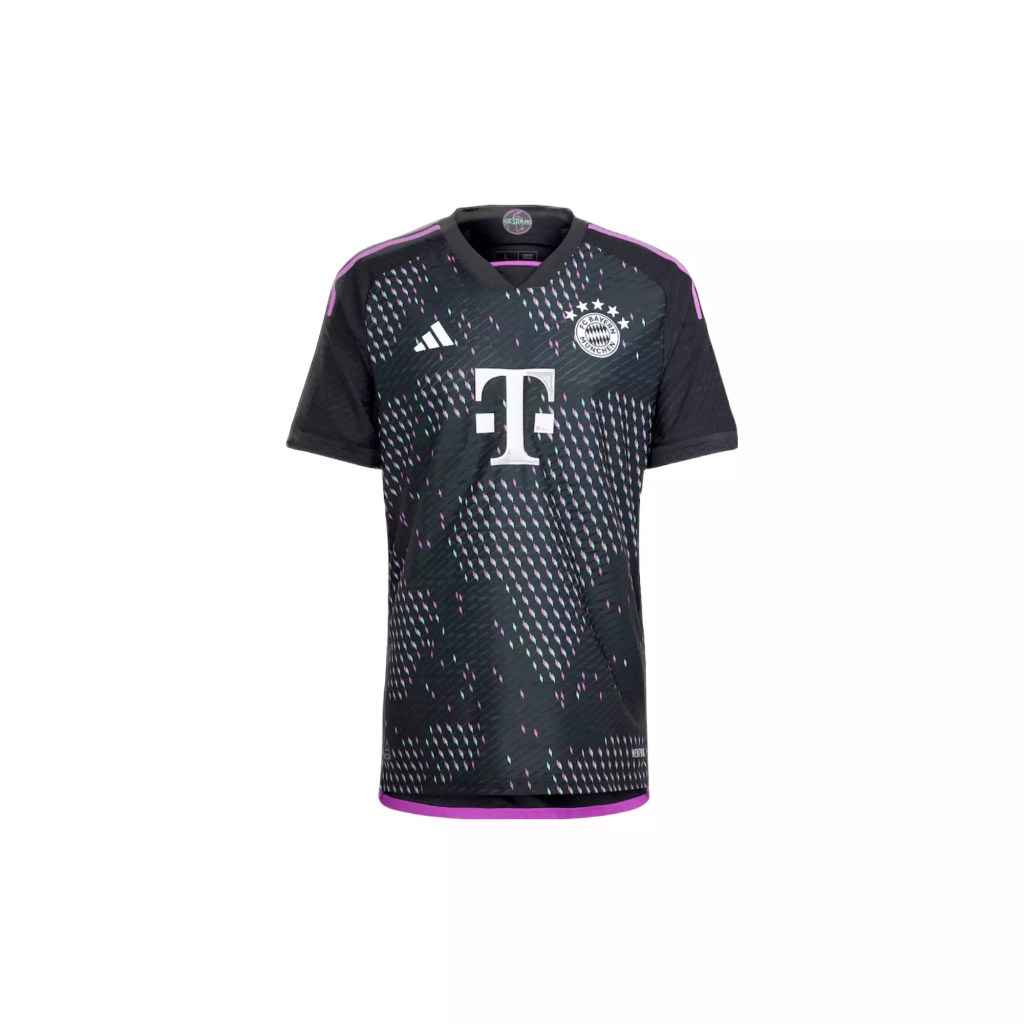 Black Bayern Munich 2023-2024 soccer jersey, with purple trim and "T" written on chest, Buy Now.