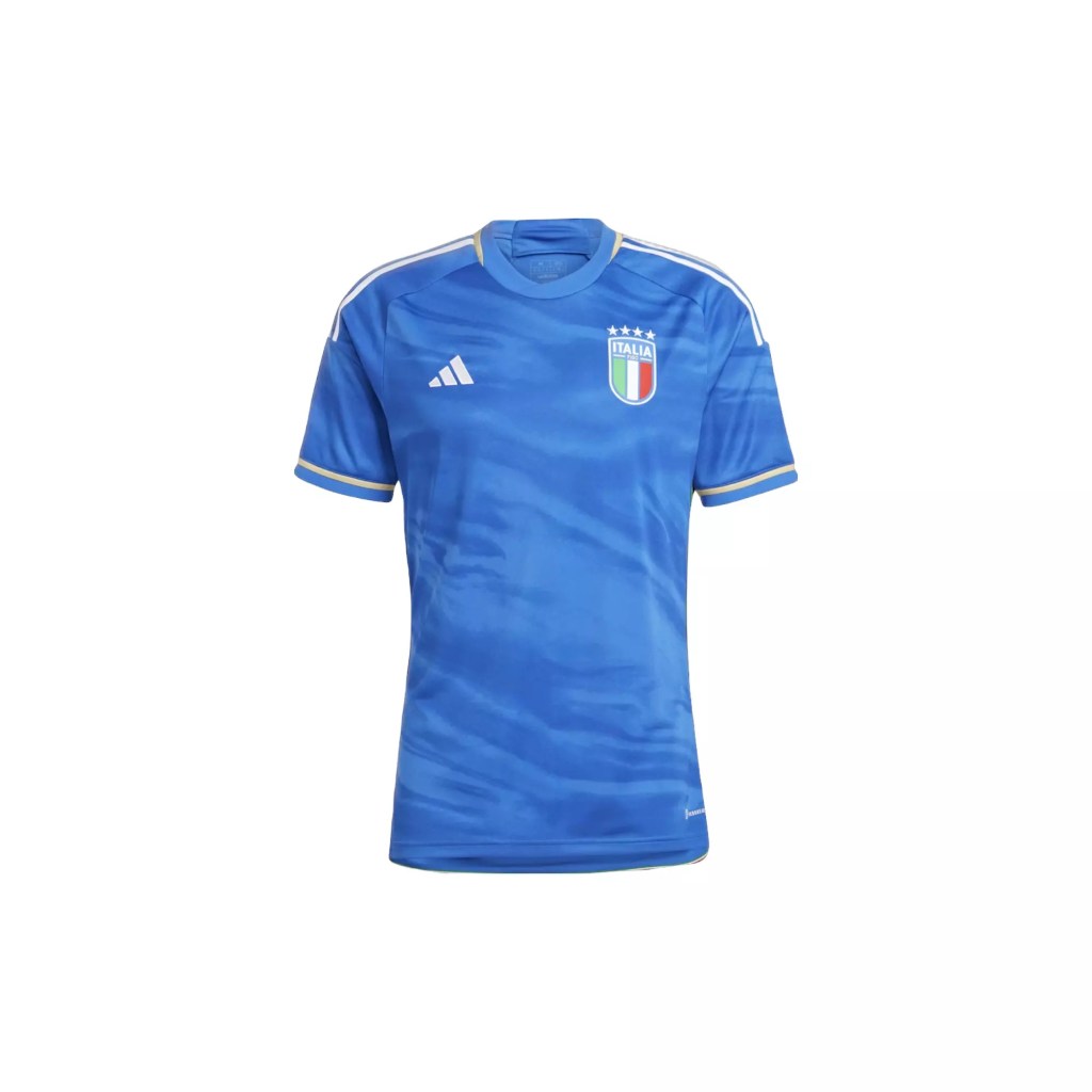 A front view of the Italy Home national soccer jersey 2023-24 in blue , with national crest and adidas logo on chest