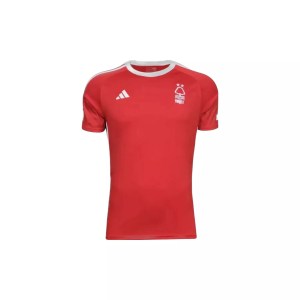 Red home Nottingham Forest soccer jersey 2023-24 on a white background, with club crest and adidas logo on chest.