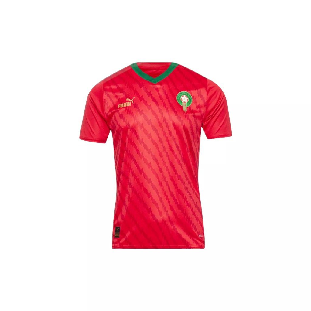Red Puma Morocco 23/24 World Cup Home Jersey with green collar on a white background