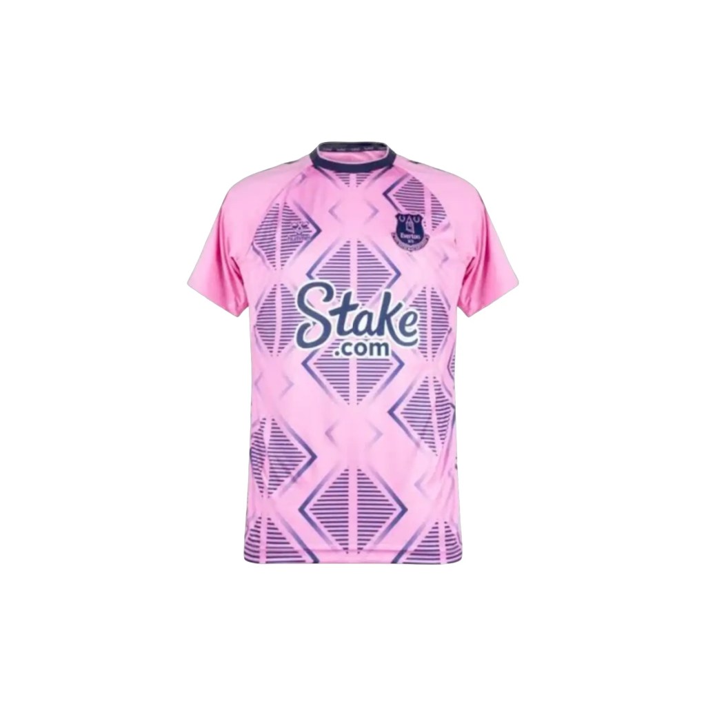 Everton 22/23 pink soccer jersey with blue Stake.com logo