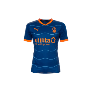 Blue Blackpool FC soccer jersey with orange collar and sleeves with "UTILITA Life With Power" logo on chest 2022/23.