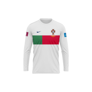 White Long sleeve Portugal away soccer jersey with green and red stripe, on a white background: Buy Now