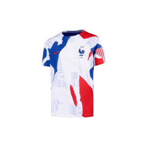 White, Red and Blue France pre-soccer jersey with the national crest and Nike Logo on. On a white background: Shop Now!