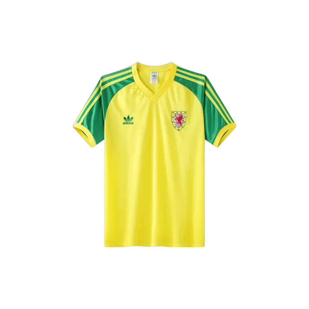 Yellow and green Wales Away Retro Football Shirt 1982-83 with the national flag on