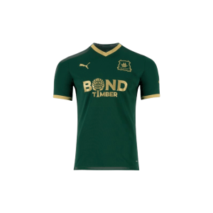 Green 2023-24 Plymouth Argyle F.C. Home Football Shirt with Gold collar and "BOND Timber" logo on chest in gold