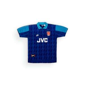 Blue Nike Arsenal Retro 1994-95 Football Shirt, featuring a blue and navy design with a lightning bolt pattern on the front and "JVC" sponsor logo