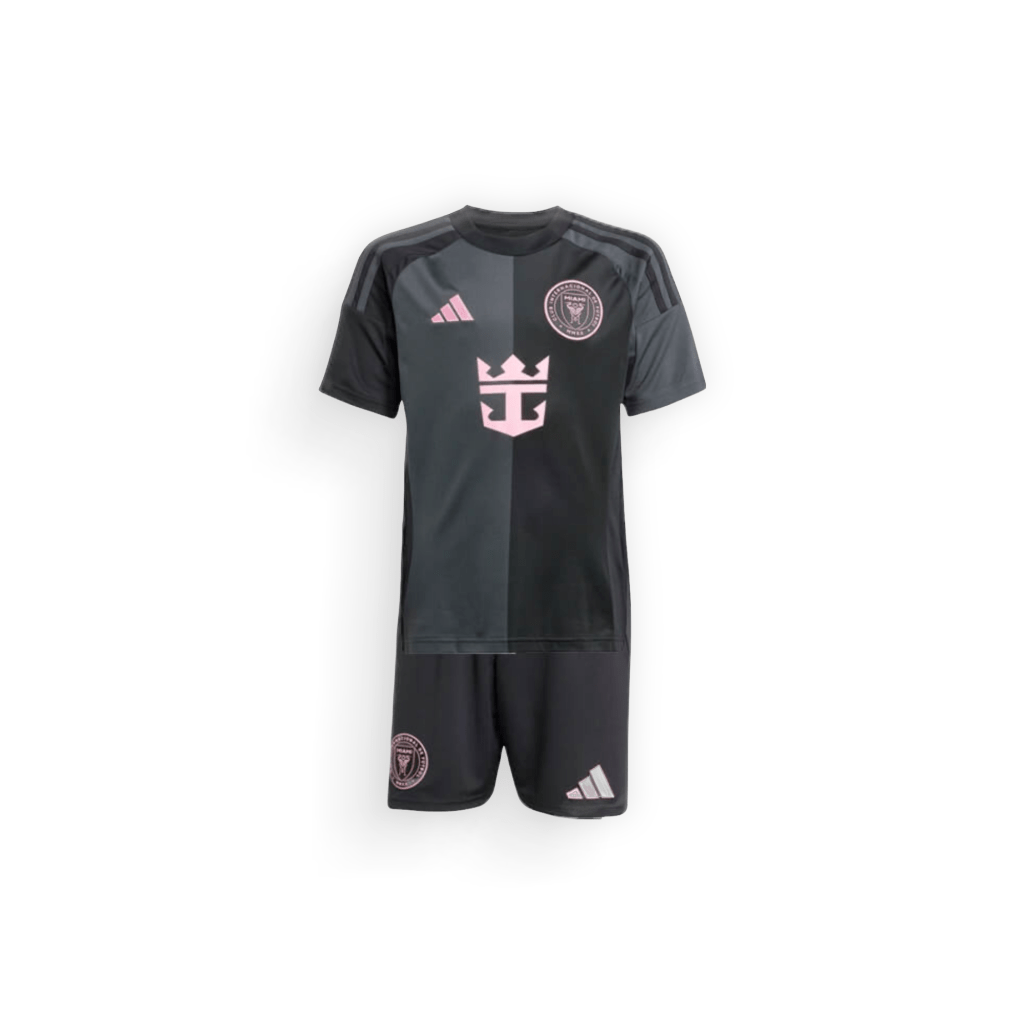 Inter Miami Away Soccer Kit Kids 2025, shorts and shirt. adidas , pink sponsor logo