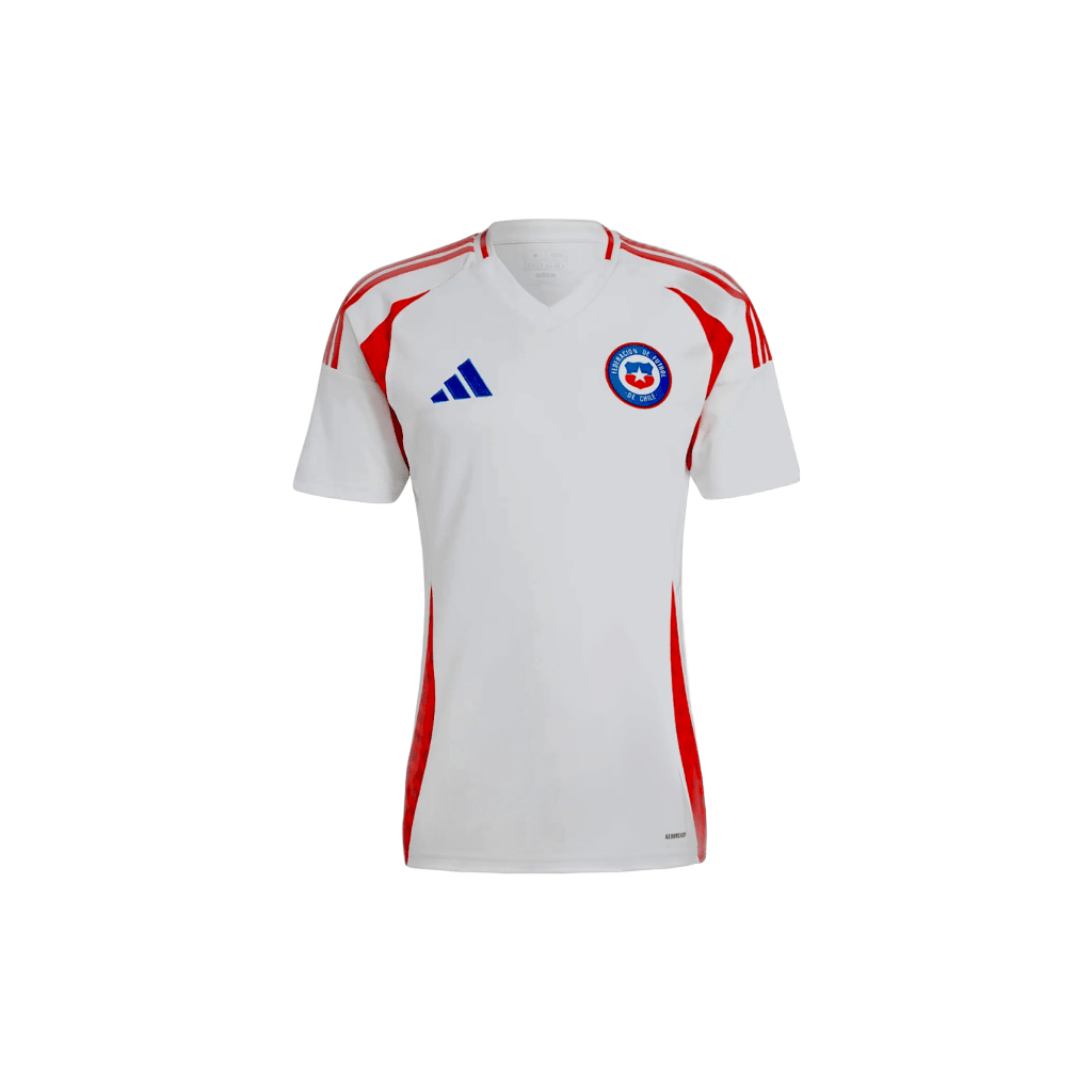 White with red stripes Chile Adidas Away Jersey 2024-25 on a white background. Shop Now