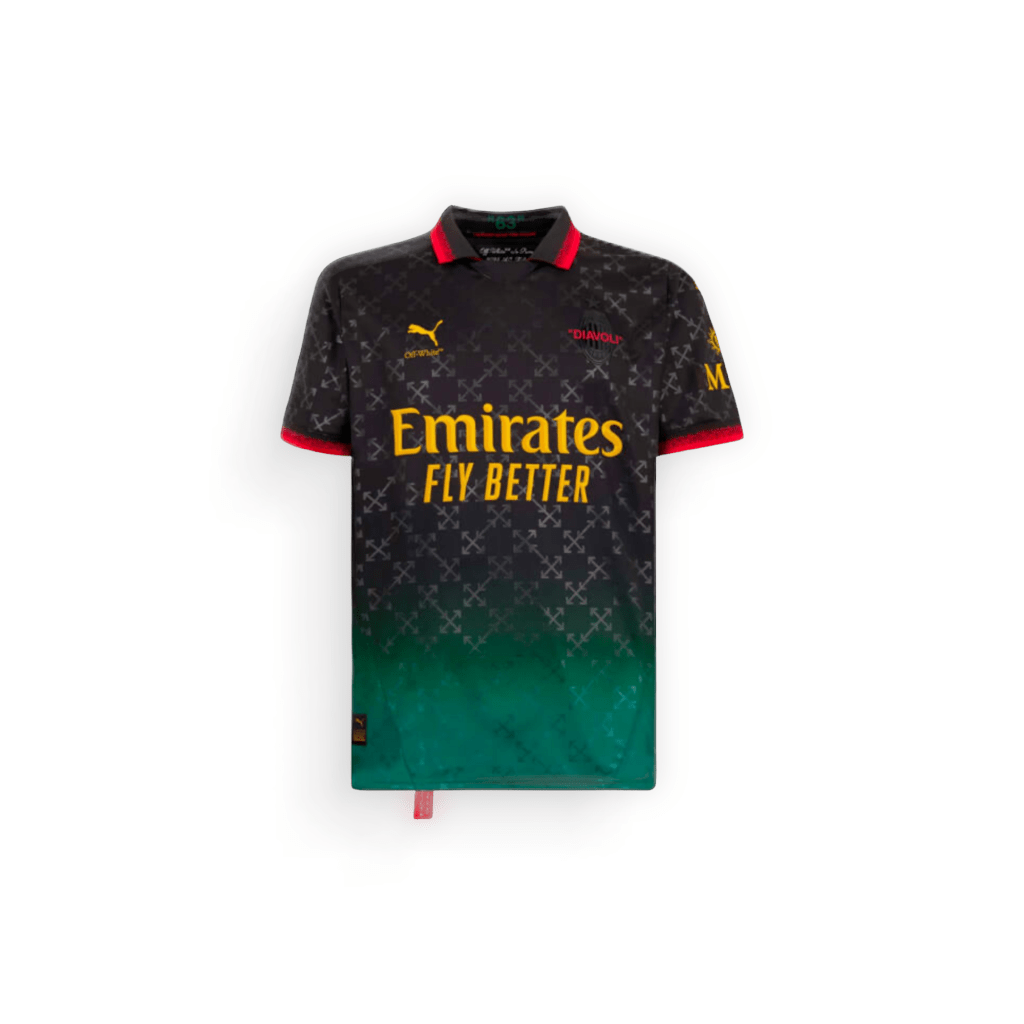 AC Milan X Off-White Fourth Shirt 24-25 – Black, with red and a gradient green hem, featuring the Puma logo, the AC Milan crest and the Emirates logo