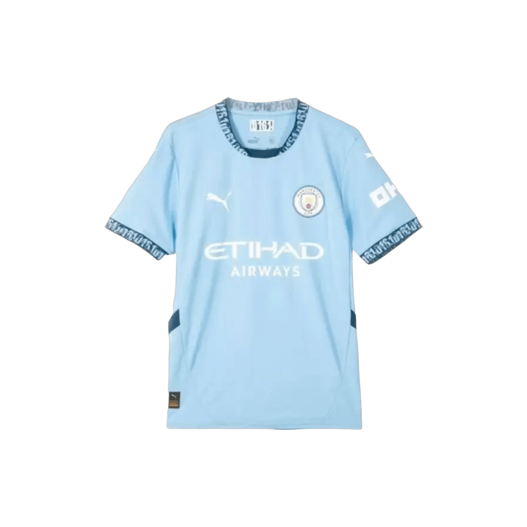 Blue Puma Manchester City 2024-25 Home Football Shirt with "Etihad Airways" sponsor on it, on a white background