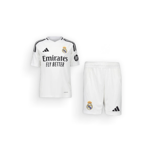 White adidas Kids 2024/25 Real Madrid Home Football Kit: shirt and shorts with "Emirates Fly Better" sponsor logo