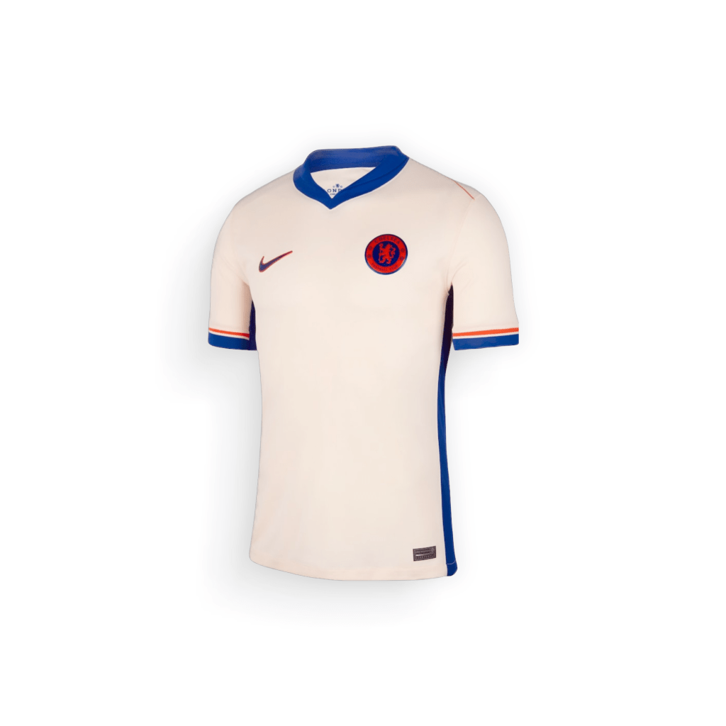 Cream Nike Chelsea Away Football Shirt 2024-25 with blue stripe and blue collar on a white background