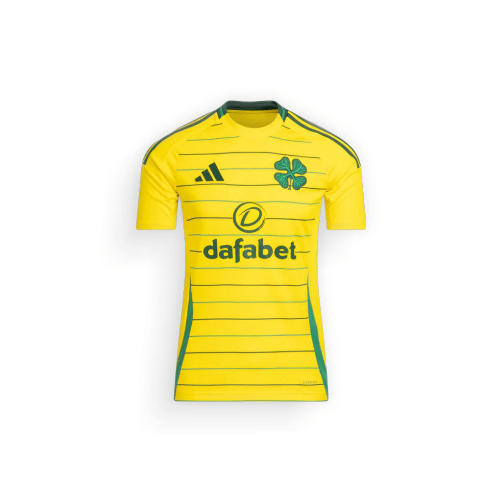Yellow adidas Celtic Fc Away Football Shirt 2024-25 with green stripes and "dafabet" sponsor logo