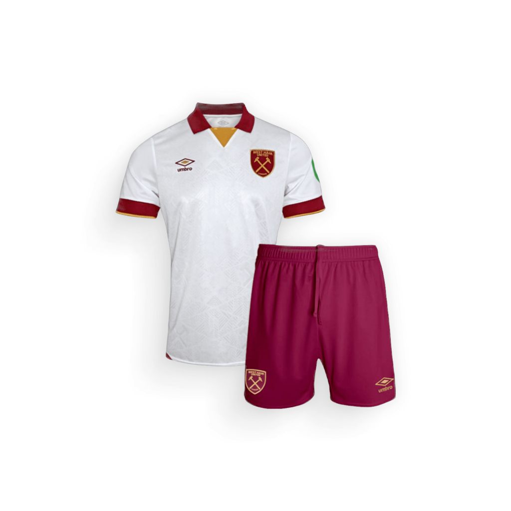 White with red shorts Umbro West Ham United Kids Away Football Kit 2024-25: shirt and shorts on a white background