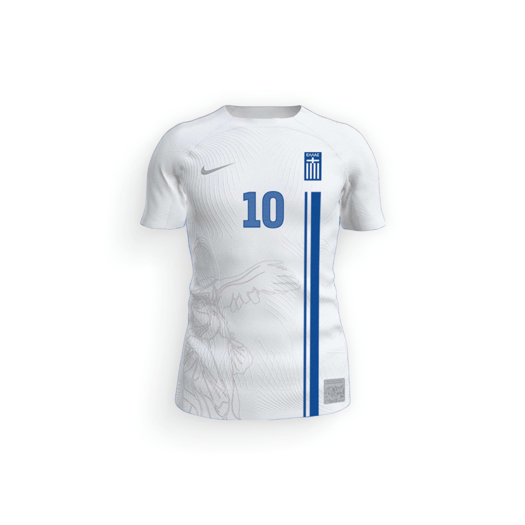 White Nike Greece Home Football Shirt 2024-25 with blue stripe and the number "10" printed on it