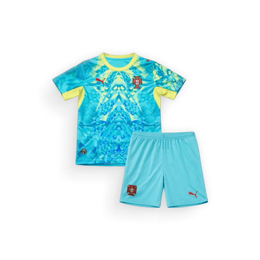 turquoise jersey with yellow accents Portugal Kids 2026 GK Kit sponsor-Puma