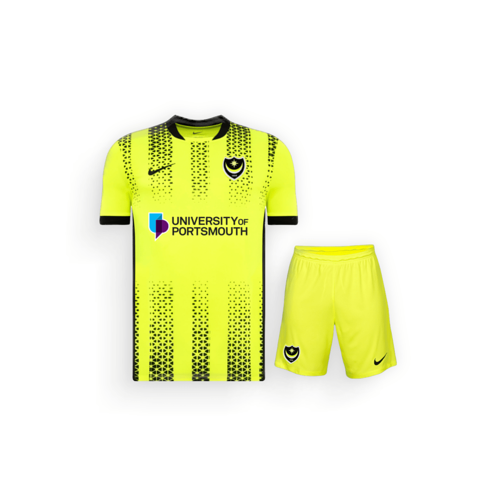 Yellow jersey with black accents Portsmouth Kids 25-26 Third Kit. sponcor by portsmoth university