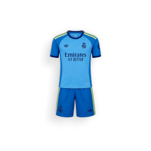 Front view of the 2026-27 Real Madrid kids blue goalkeeper shirt and shorts set, featuring short sleeves, sponsor logos, contrast details, and the woven club crests.